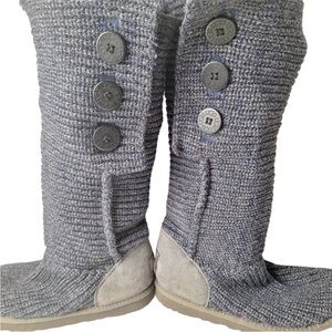 UGG Gray Blue Cardy Fold Over Sweater Woven Knit Button Pull On Tall Boots Sz 10